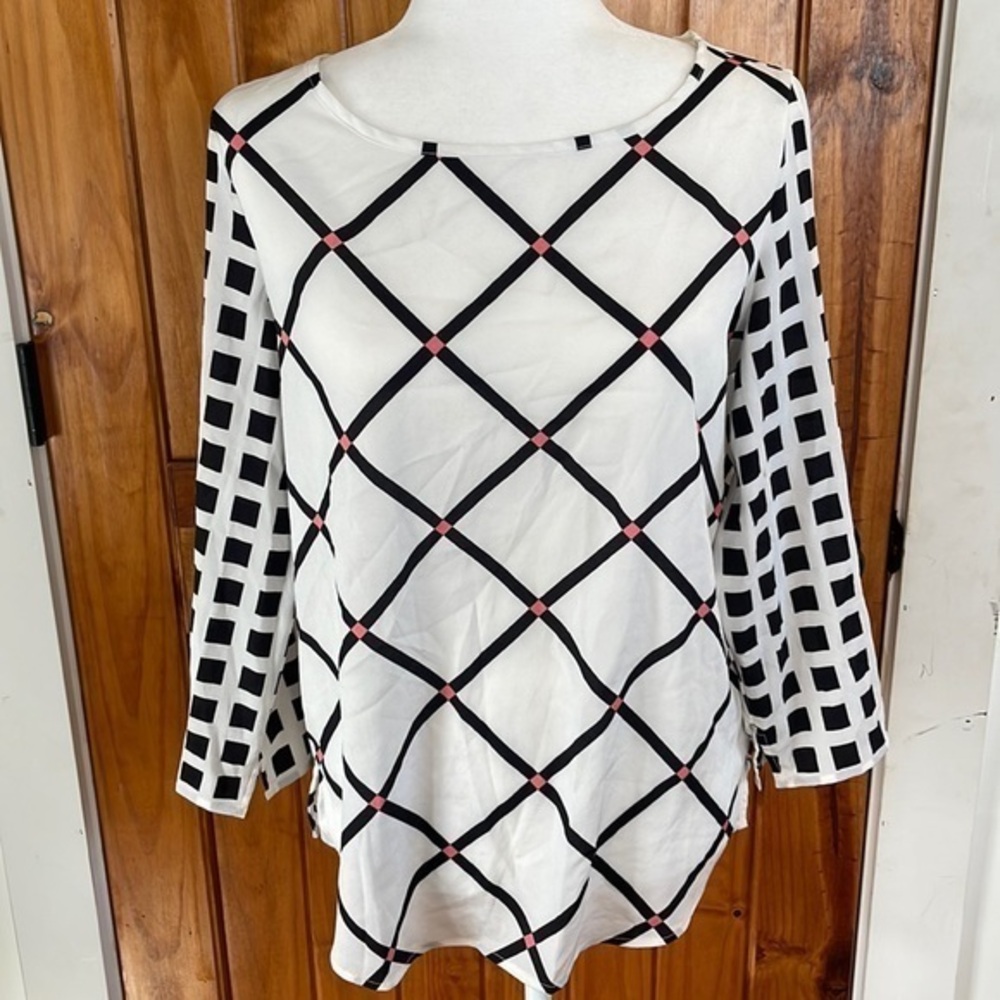 New York & Co White Black Pink Windowpane Plaid Top Small 3/4 sleeve 90s Y2K